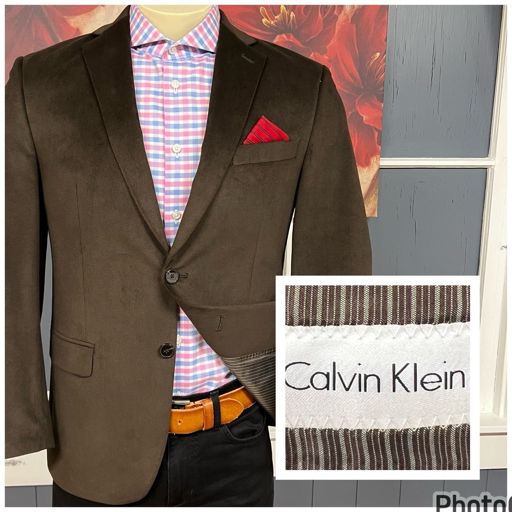 Calvin Klein Velvet Blazer Jacket Sport Coat Mens 38S Short Brown Polyester